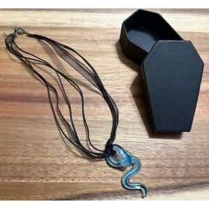 Murano Venetian Glass Snake Serpent Pendant Blue 3" Goth Coffin Gift Box